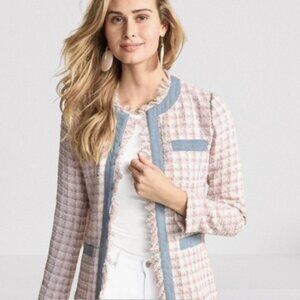 Venus Women’s 16 Tweed Fringe Open Front Jacket Pink Pastel Blue hook closure
